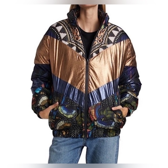 FARM RIO Anthropologie M Reversible Metallic Borogodo Puffer Jacket Blue Combo - Picture 1 of 16